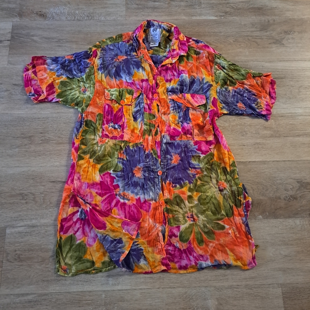 SHORT CIRCUIT Vibrant Multicolor Floral Shirt Transparent Side Split Men Medium
